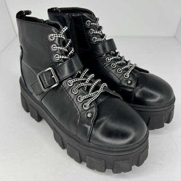 Forever 21 Womens Black Chunky Platform Boots LaceUp RoundToe BlockHeel Size 6 - Picture 2 of 9